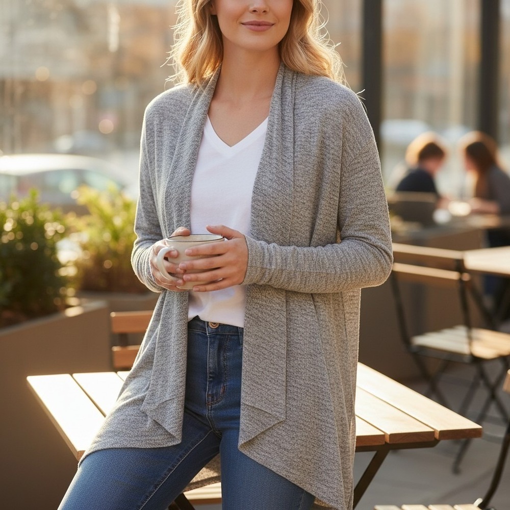 Cupio Open Front Draped Waterfall Cardigan Gray Marled Knit Boho L CM36842